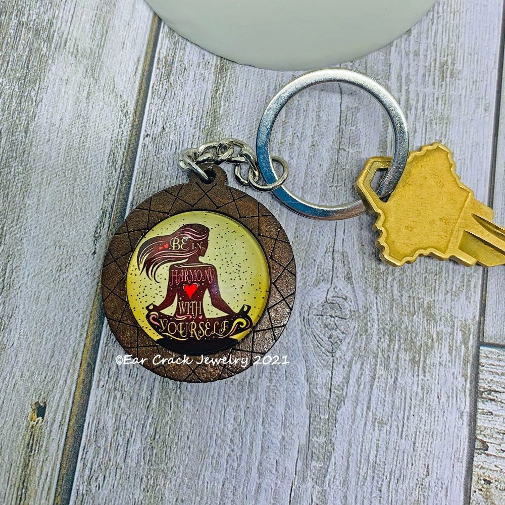 Handmade - Wooden Yoga Be in Harmony Keychain